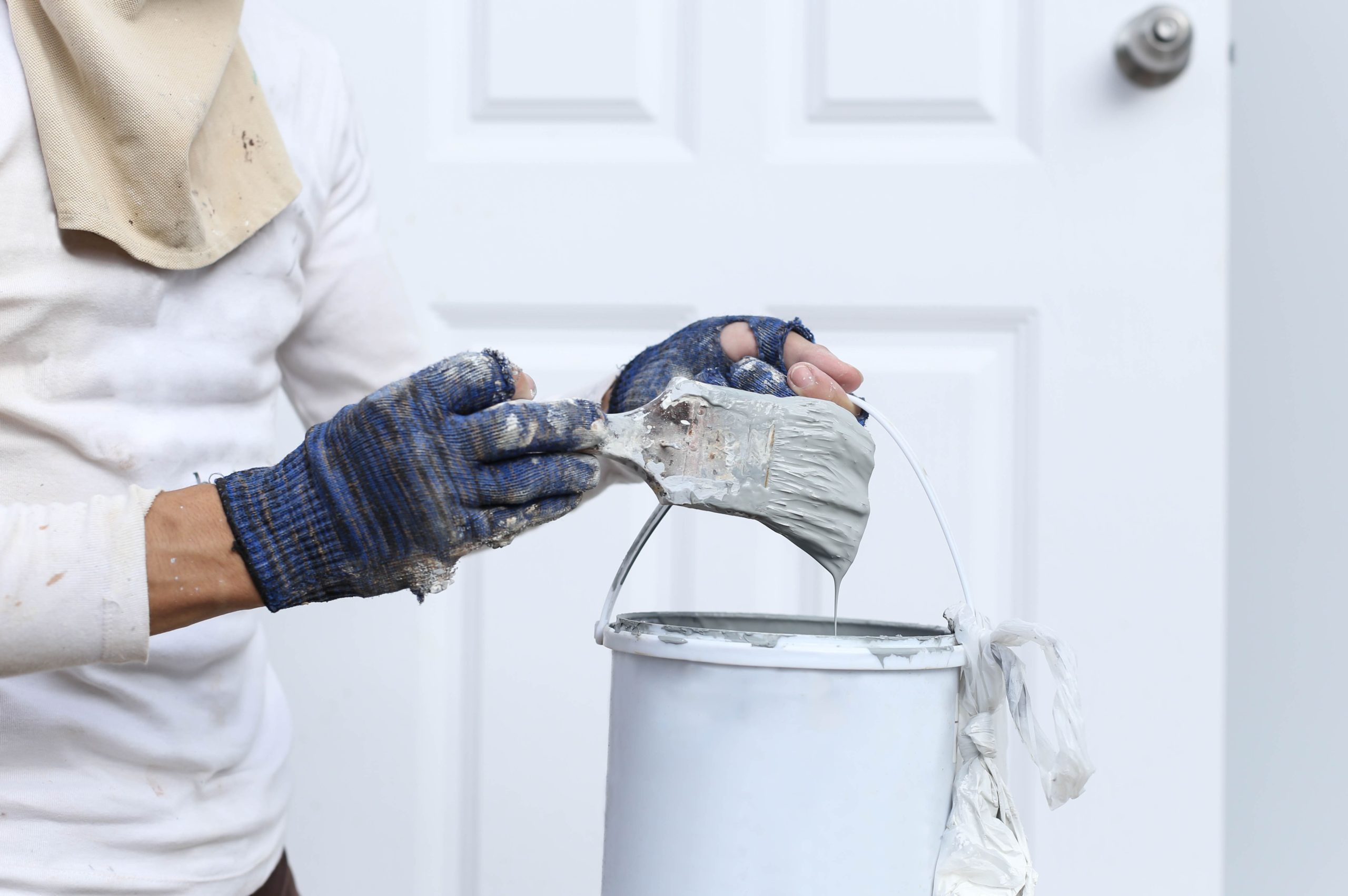 Person wearing blue gloves holding a paintbrush loaded with gray paint above a white paint bucket in front of a white door.