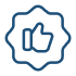 A blue outline of a thumbs-up symbol within a starburst shape, representing approval or satisfaction.